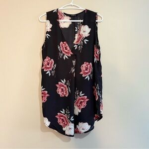 Eclipse Black & Pink Rose Sleeveless V-Neck Tunic Blouse – Size Small EUC